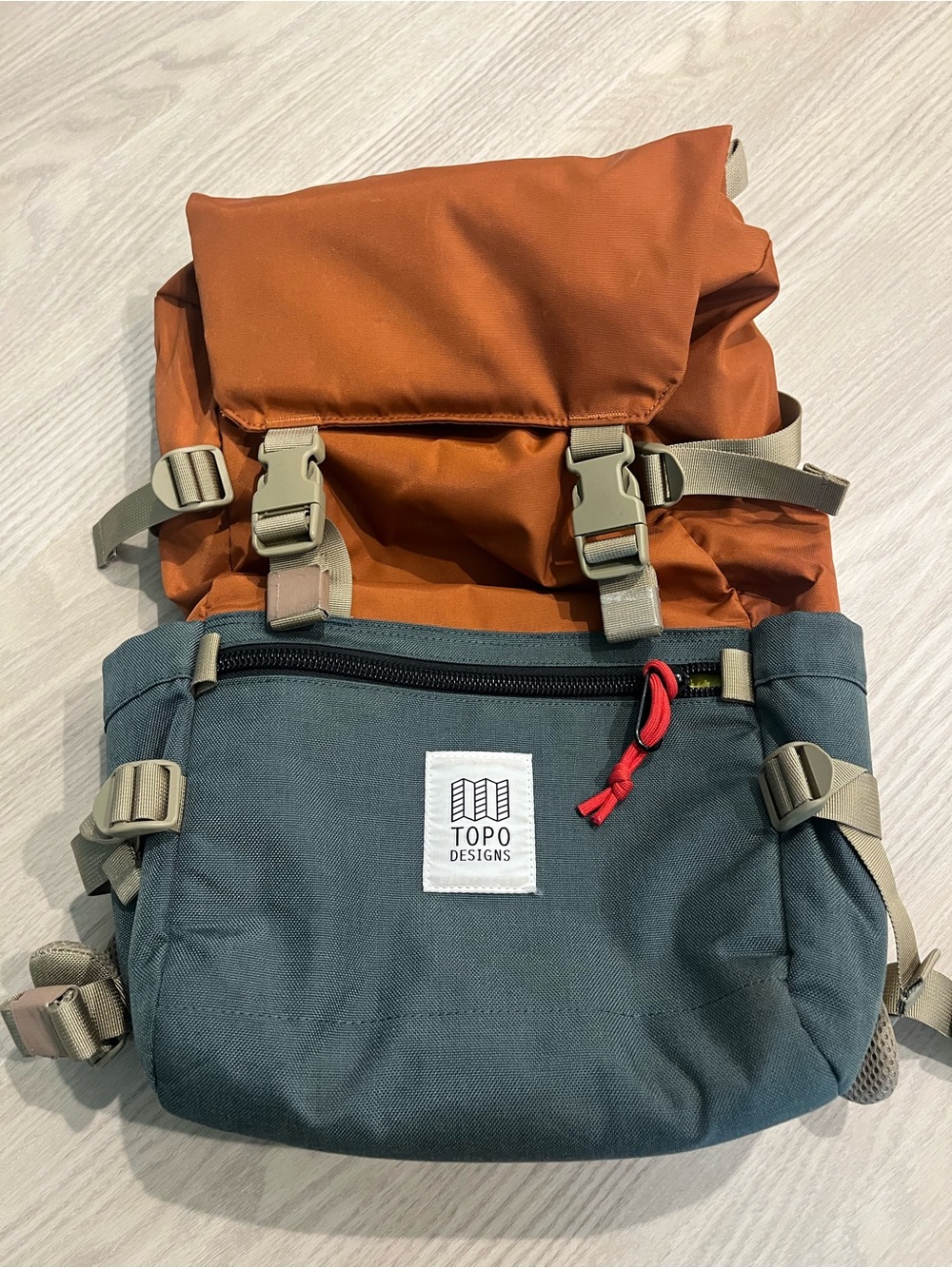 Topo Designs Rust Orange & Teal Backpack with Contrast Buckles